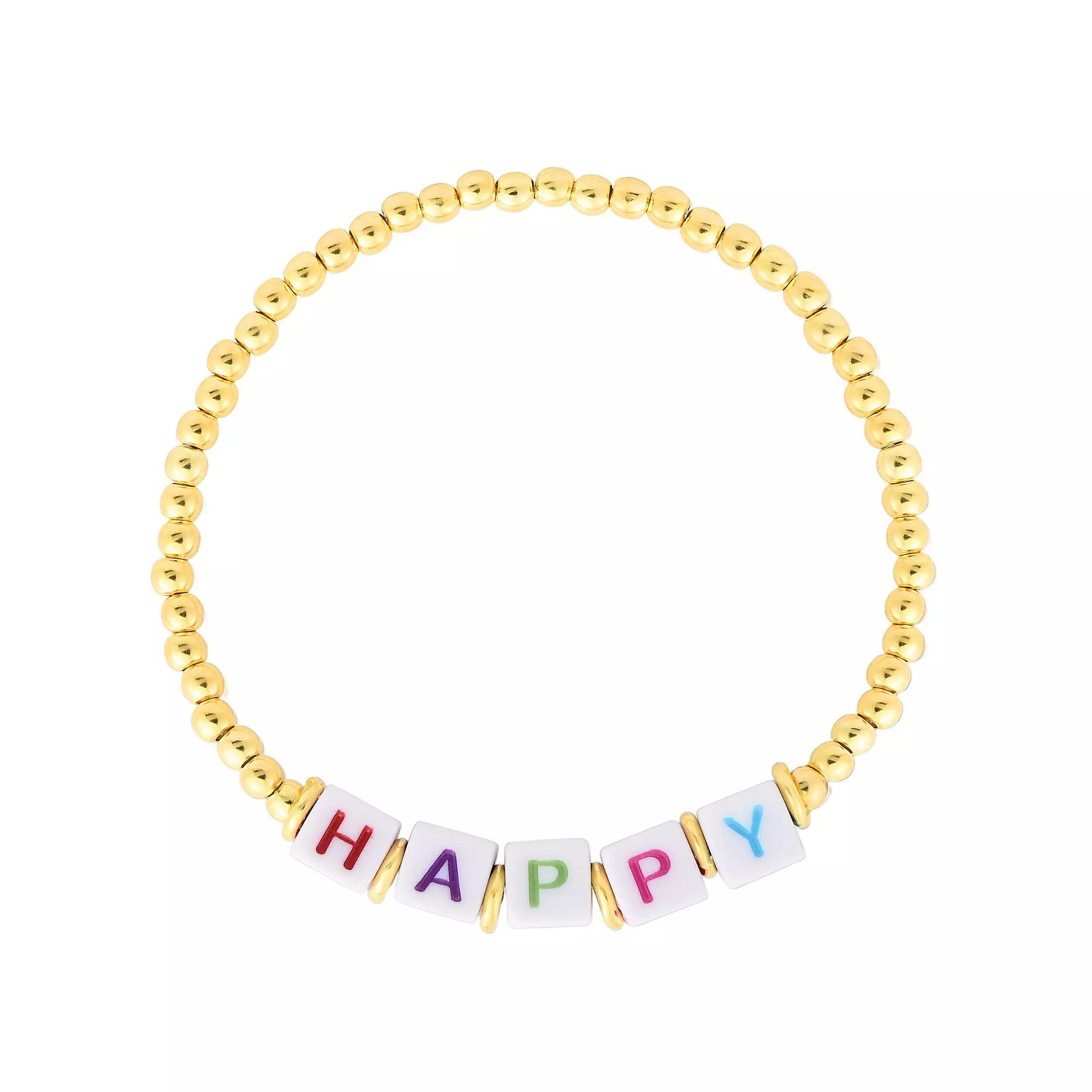 Sunkissed Sterling 14k Gold Over Silver "HAPPY" Beaded Stretch Bracelet, Women's, Size: 7", Gold Tone Product Image