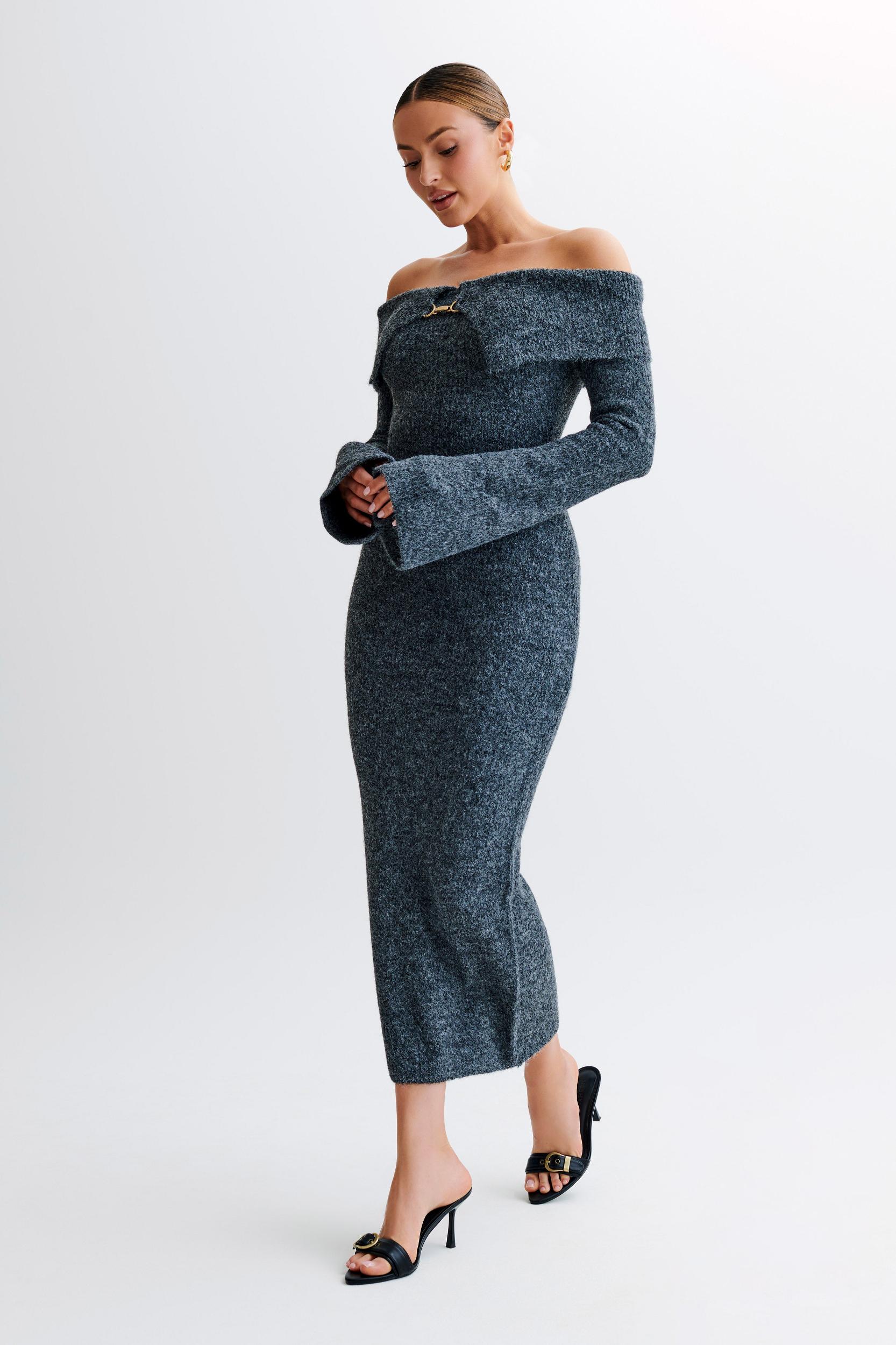 Baxter Off Shoulder Fluffy Knit Midi Dress - Charcoal Product Image