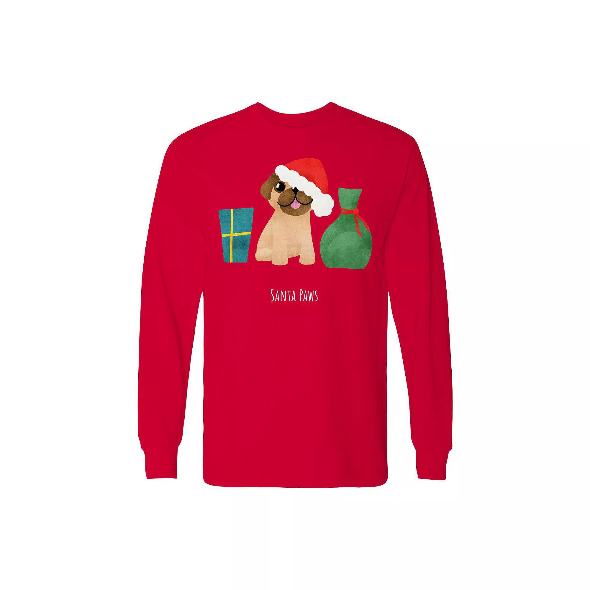 Men's Santa Paws Long Sleeve Christmas Graphic Tee, Size: XXL, Red Product Image
