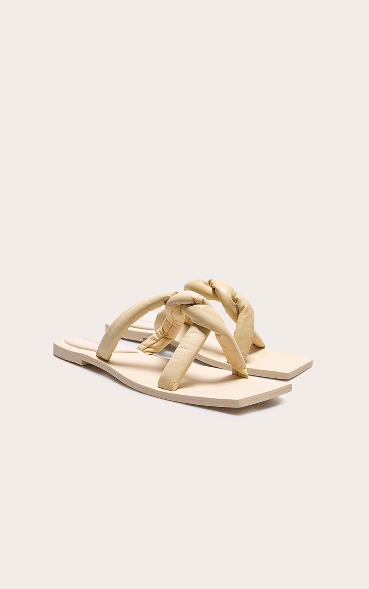 Beige Square Toe Real Leather Padded Twisted Strap Mule Sandals Product Image