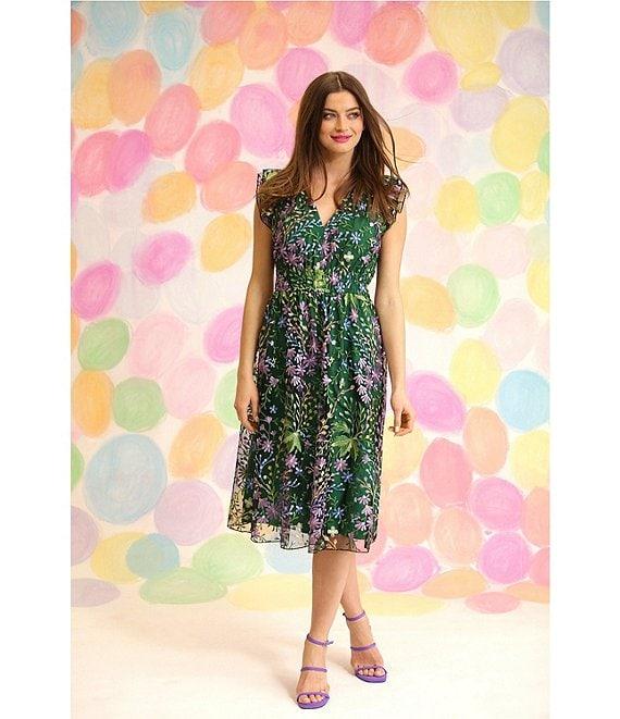 Maggy London Floral Embroidered Ruffle Trim Sleeveless A-Line Midi Dress Product Image