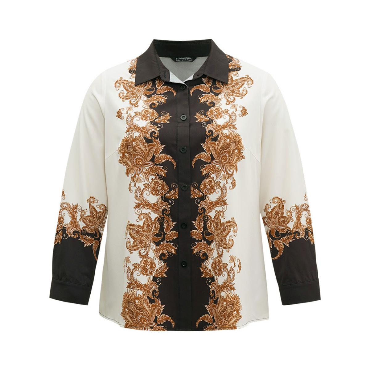 Plus Size Multicolor Boho Print Contrast Shirt Collar Blouse Women Vacation Long Sleeve Shirt collar Vacation Blouses BloomChic 22-24/3X Product Image