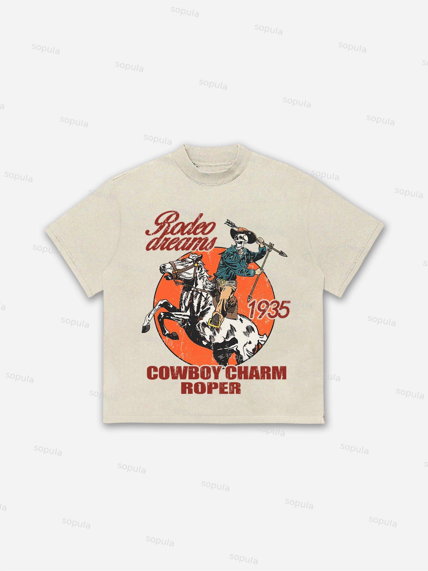 Skeleton Cowboy Rodeo Dreams Print Cotton T-shirt Product Image