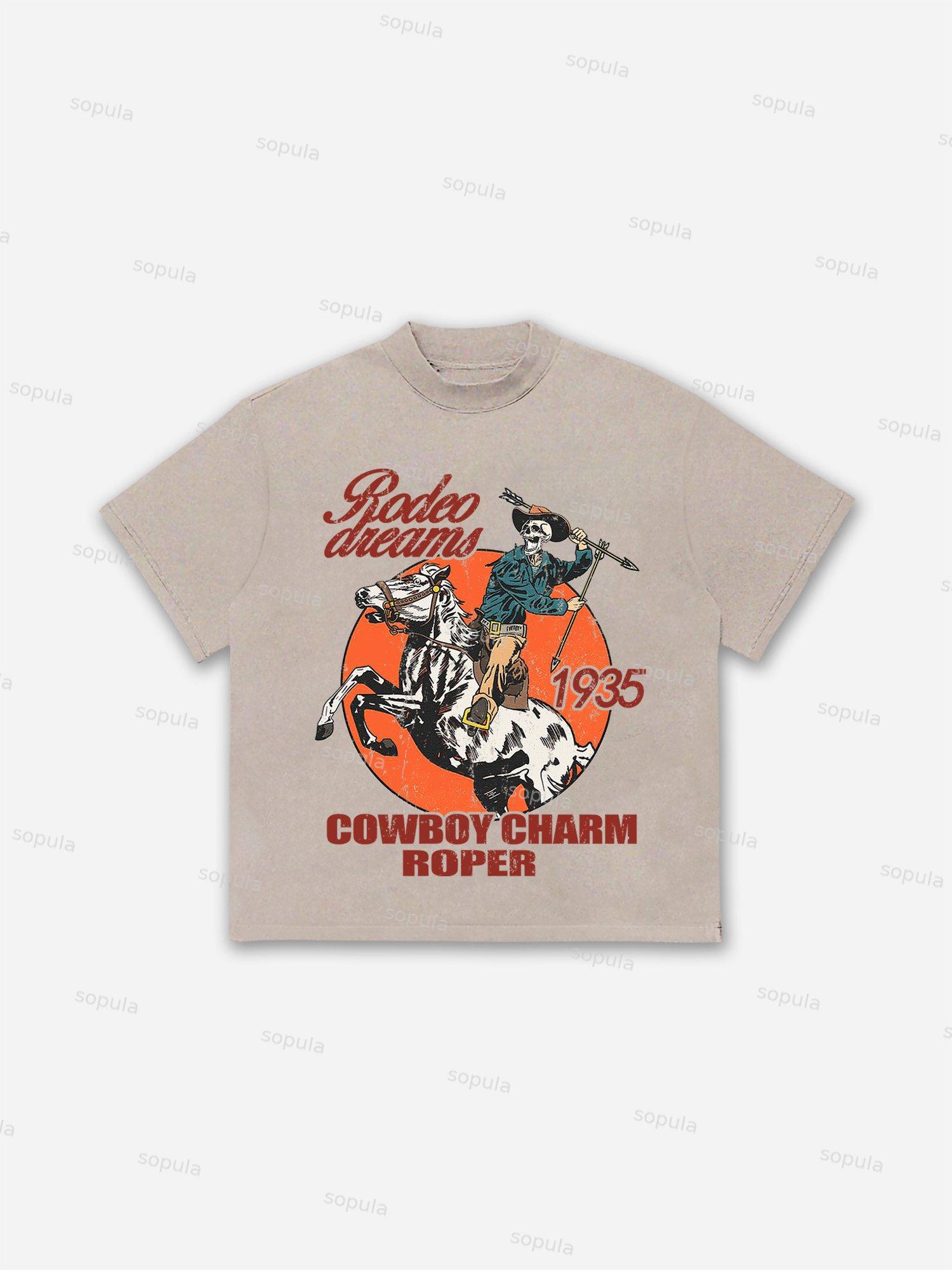 Skeleton Cowboy Rodeo Dreams Print Cotton T-shirt Product Image