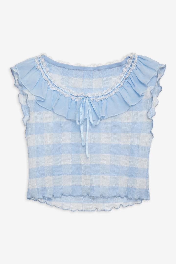 Brushed Gingham Knit Top — Blue Product Image