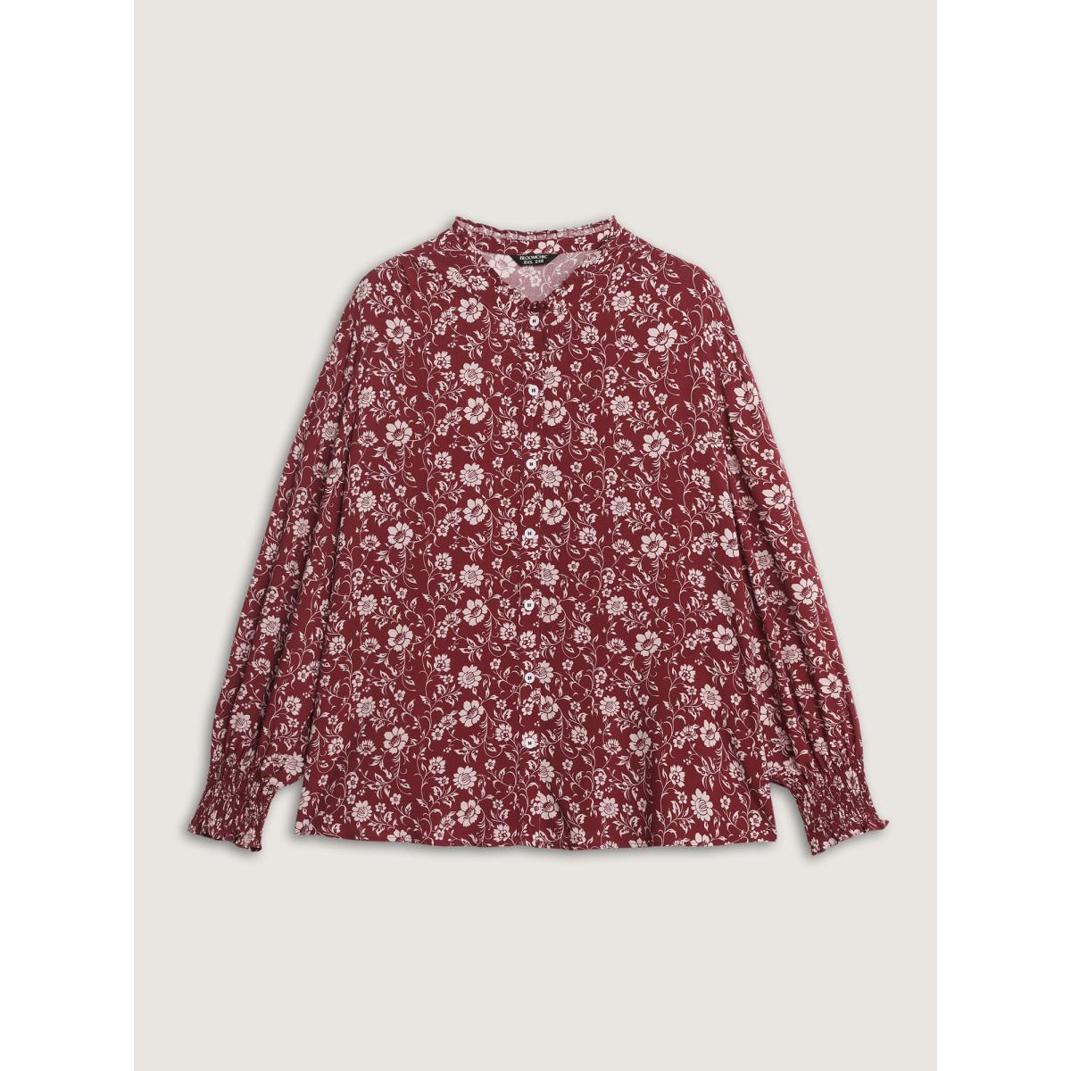Plus Size Deepred Floral Ruffled Collar Button Front Blouse Women Timeless Long Sleeve Shirt collar Elegant Blouses BloomChic 26/4X Product Image