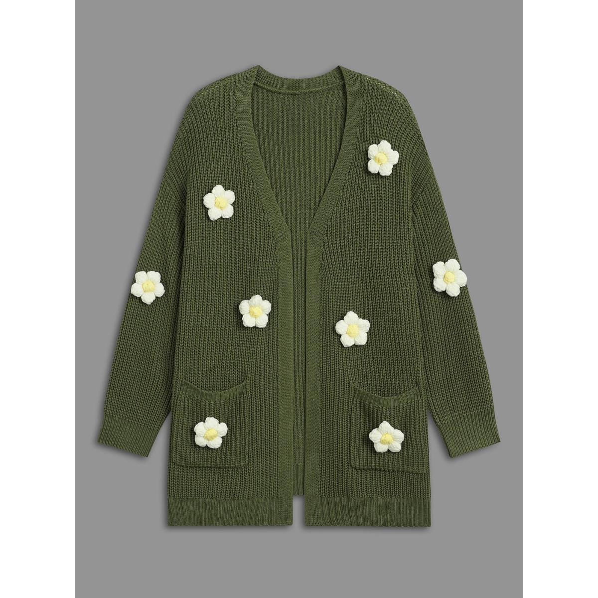 Plus Size Floral Motifs V-Neck Pockets Knit Cardigan Moss Women Casual Loose Long Sleeve Everyday Cardigans BloomChic 28/5X Product Image