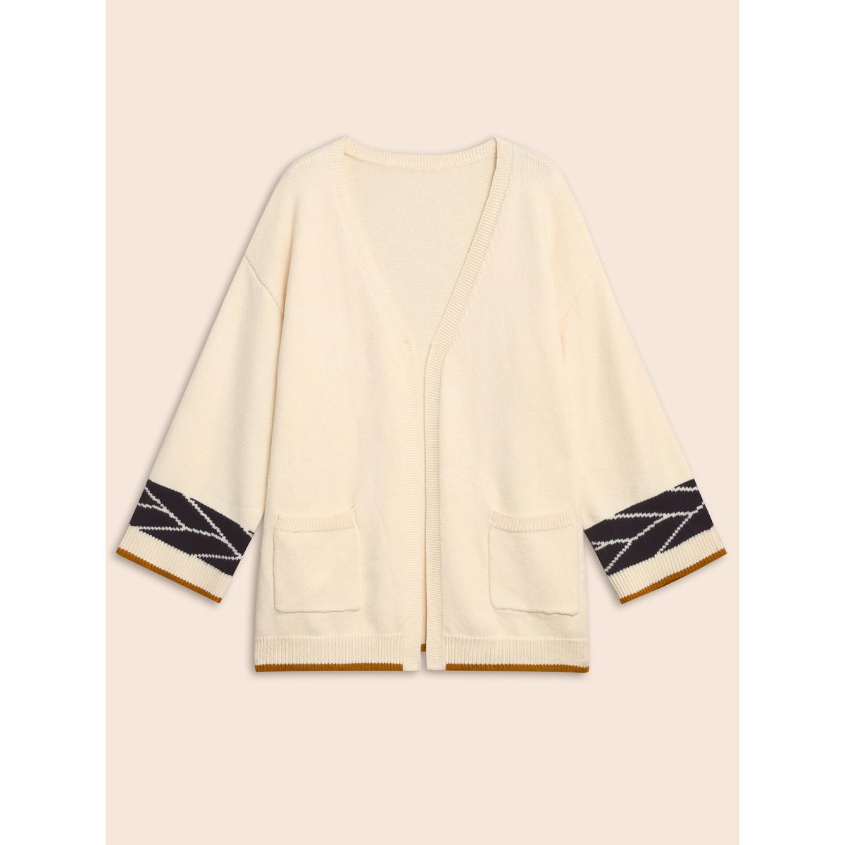 Plus Size Supersoft Essentials Contrast Jacquard Cardigan Beige Women Casual Loose Long Sleeve Everyday Cardigans BloomChic 26/4X Product Image