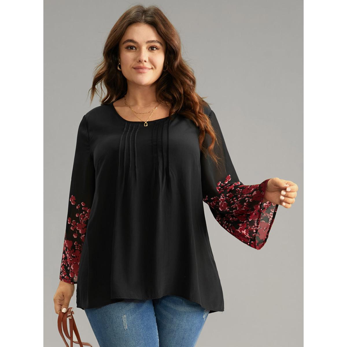 Plus Size Black Boho Print Pleated Mesh Ruffle Sleeve Blouse Women Vacation Long Sleeve Round Neck Dailywear Blouses BloomChic 14-16/1X Product Image