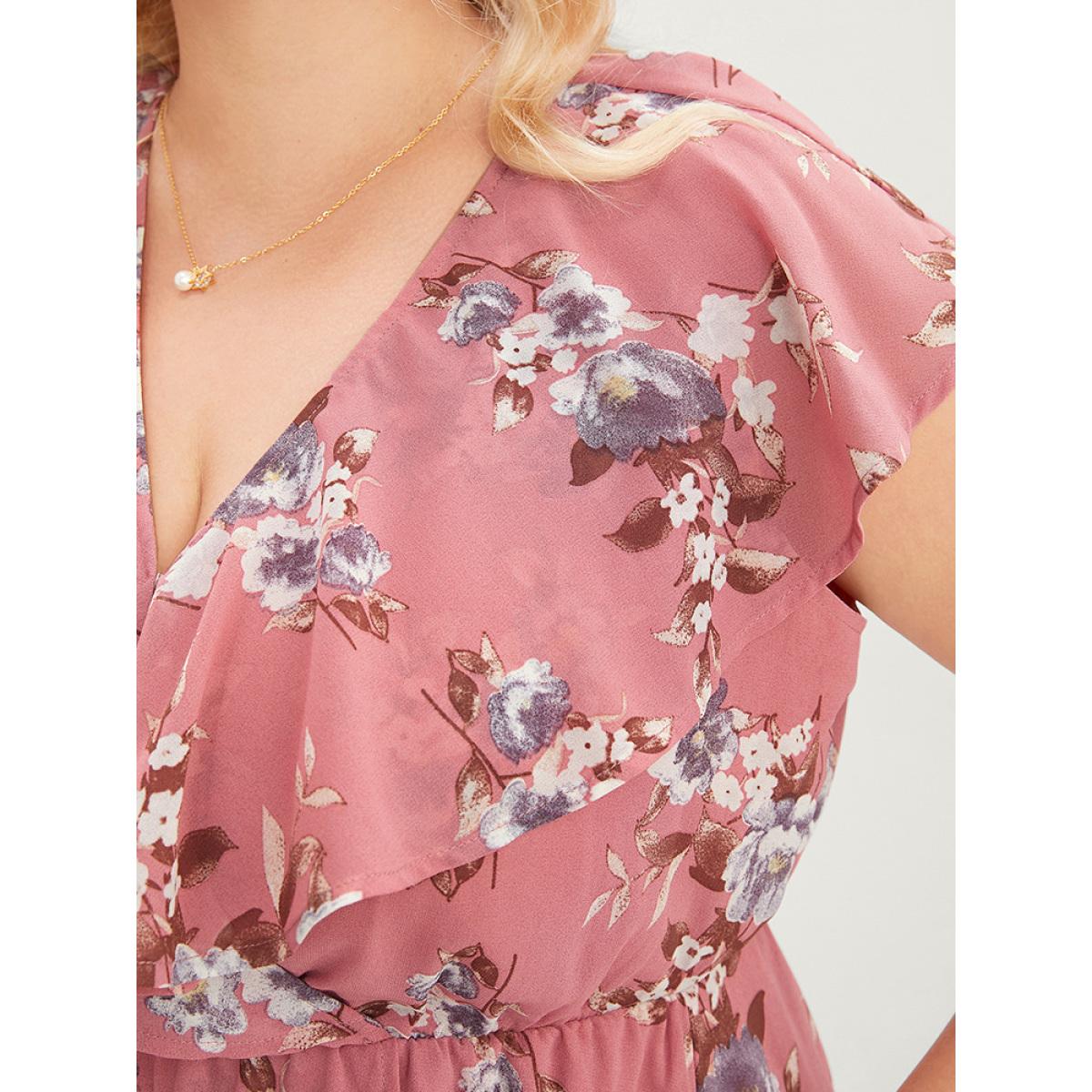 Plus Size Floral Print Ruffle Trim Pocket Sleeveless Wrap Dress DustyPink Women Elegant Elastic Waist Overlap Collar Sleeveless Curvy Midi Dress BloomChic 30/6X Product Image