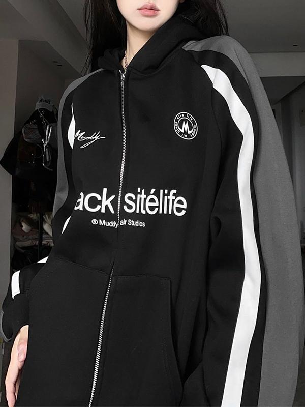 Contrast Color Letter Print Zip Up Piping Oversized Hoodie Product Image