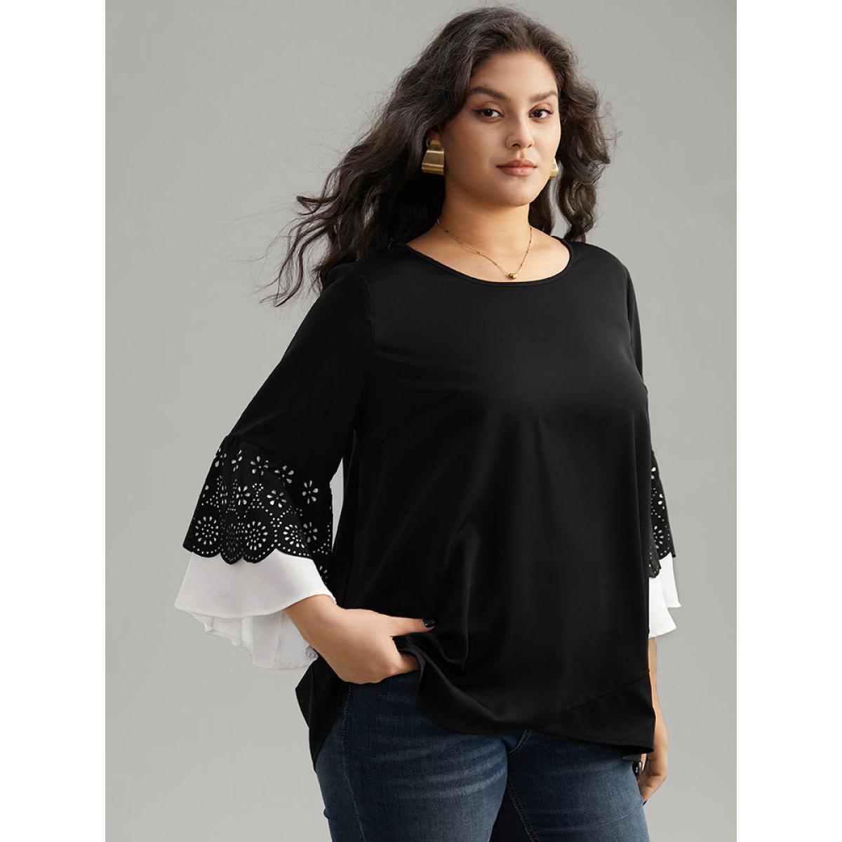 Plus Size Black Anti-Wrinkle Laser Cut Contrast Ruffles Blouse Women Office Long Sleeve Round Neck Office Blouses BloomChic 12/L Product Image