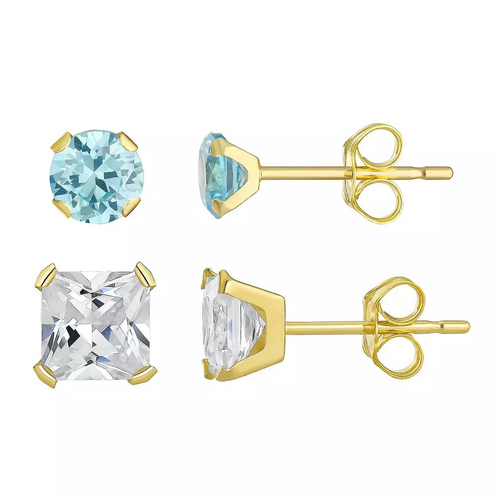 Taylor Grace 10k Gold 4 mm White & Blue Cubic Zirconia Stud Earring Set, Women's Product Image