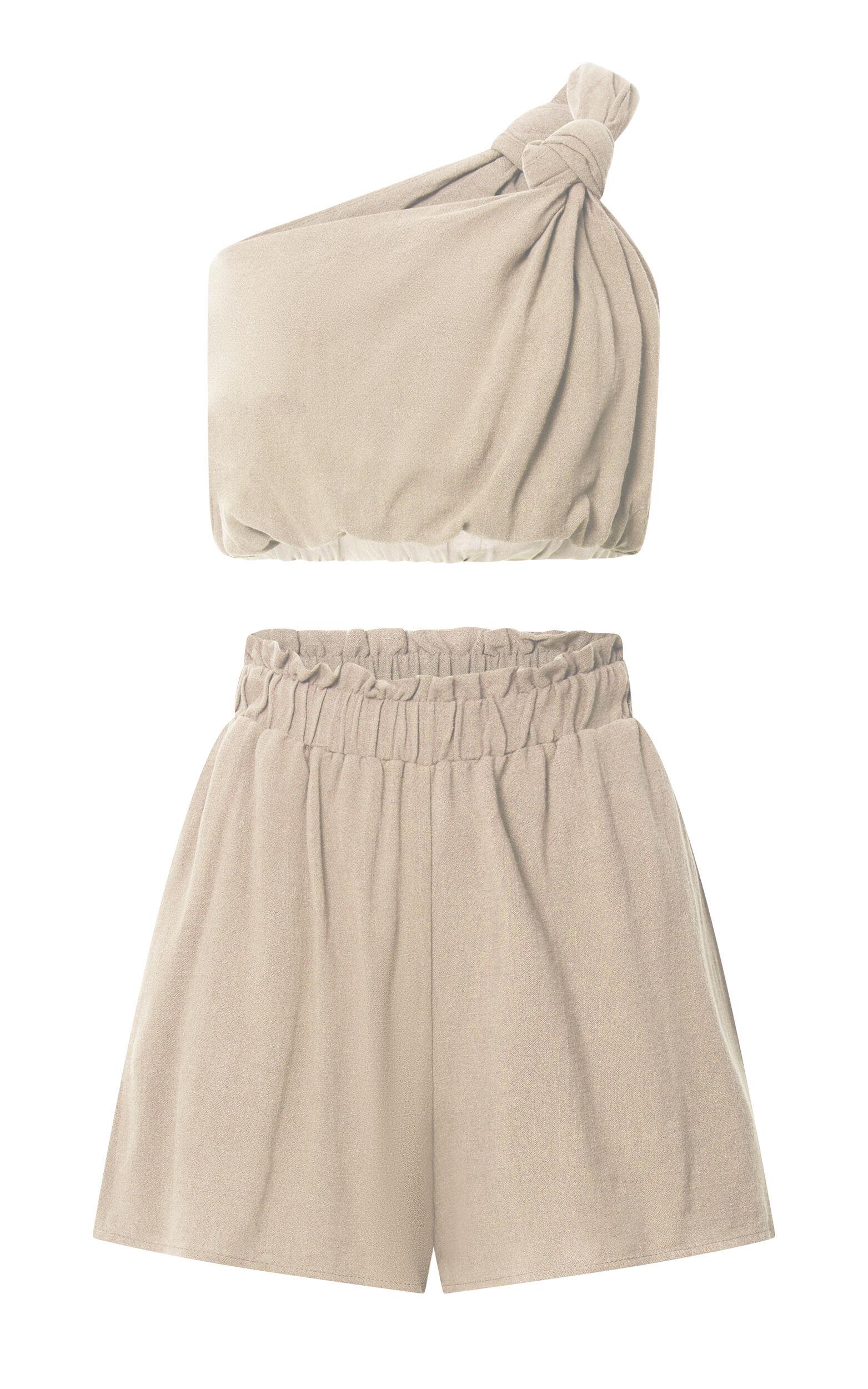 Raylene Two Piece Set - Linen Knotted One Shoulder Top and Paper Bag Waist Shorts in Natural Product Image