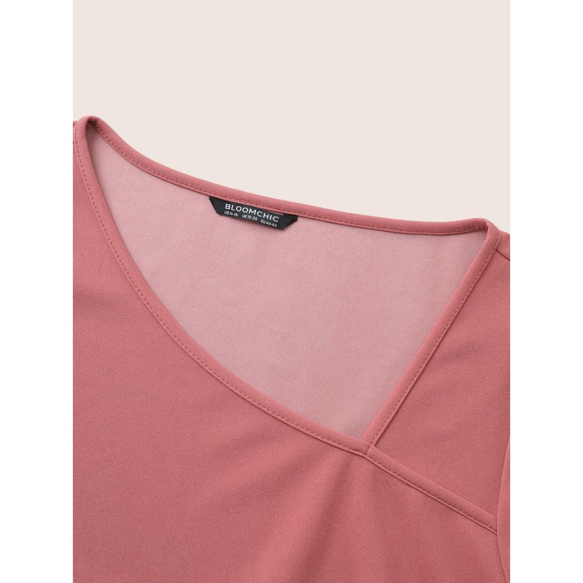 Plus Size DustyPink Asymmetrical Neck Belted Lantern Sleeve Blouse Women Work From Home Long Sleeve Asymmetrical Neck Work Blouses BloomChic 28/5X Product Image