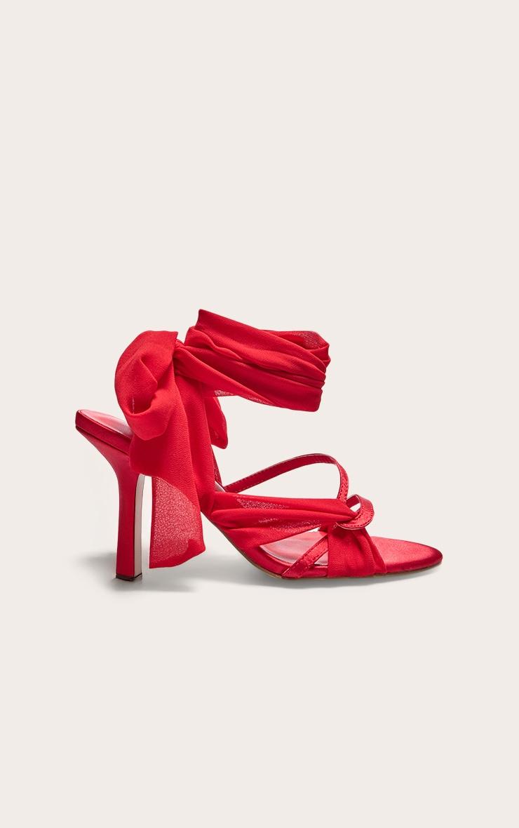 Red Satin Round Toe Lace Up Ribbon High Heeled Sandals Product Image
