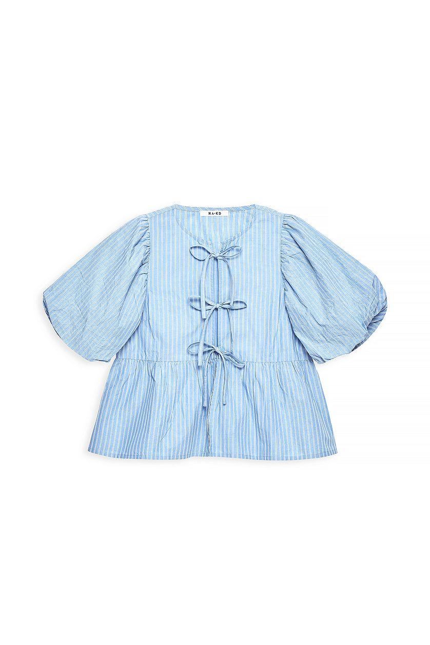 Cotton Puff Sleeve Tie Front Blouse Product Image