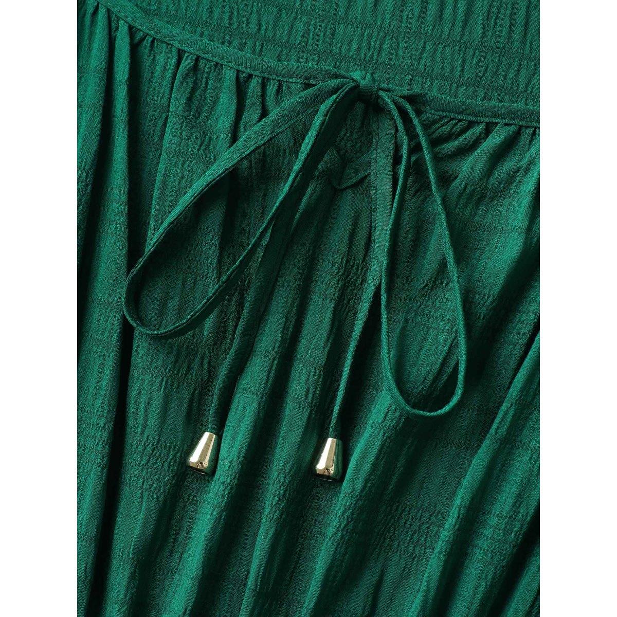 Plus Size Neck Tie Textured Layered Hem Midi Dress DarkGreen Women Square Neck Short sleeve Curvy BloomChic 18-20/2X Product Image