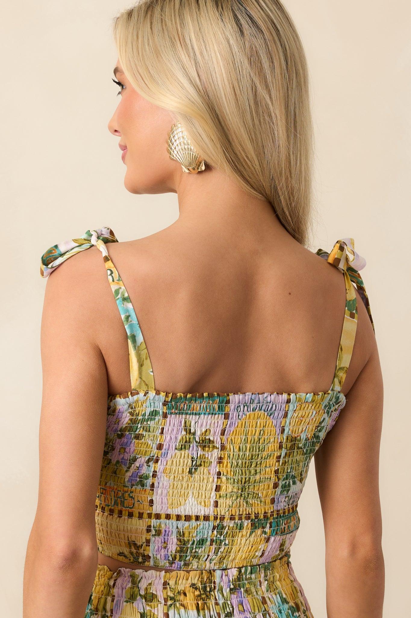 Shore Thing Green Tropical Print Smocked Crop Top Product Image