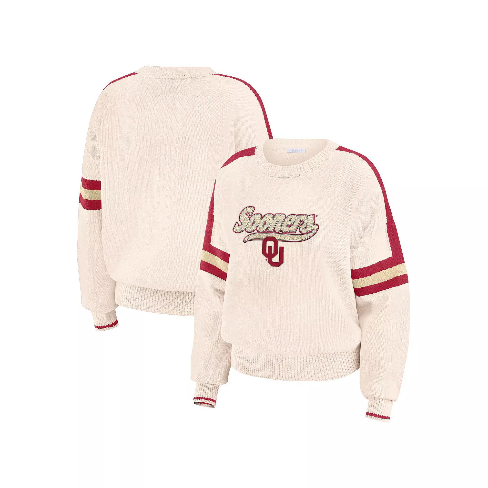 Women's WEAR by Erin Andrews Cream Oklahoma Sooners Chenille Woven Patch Stripe Pullover Sweater,  Product Image