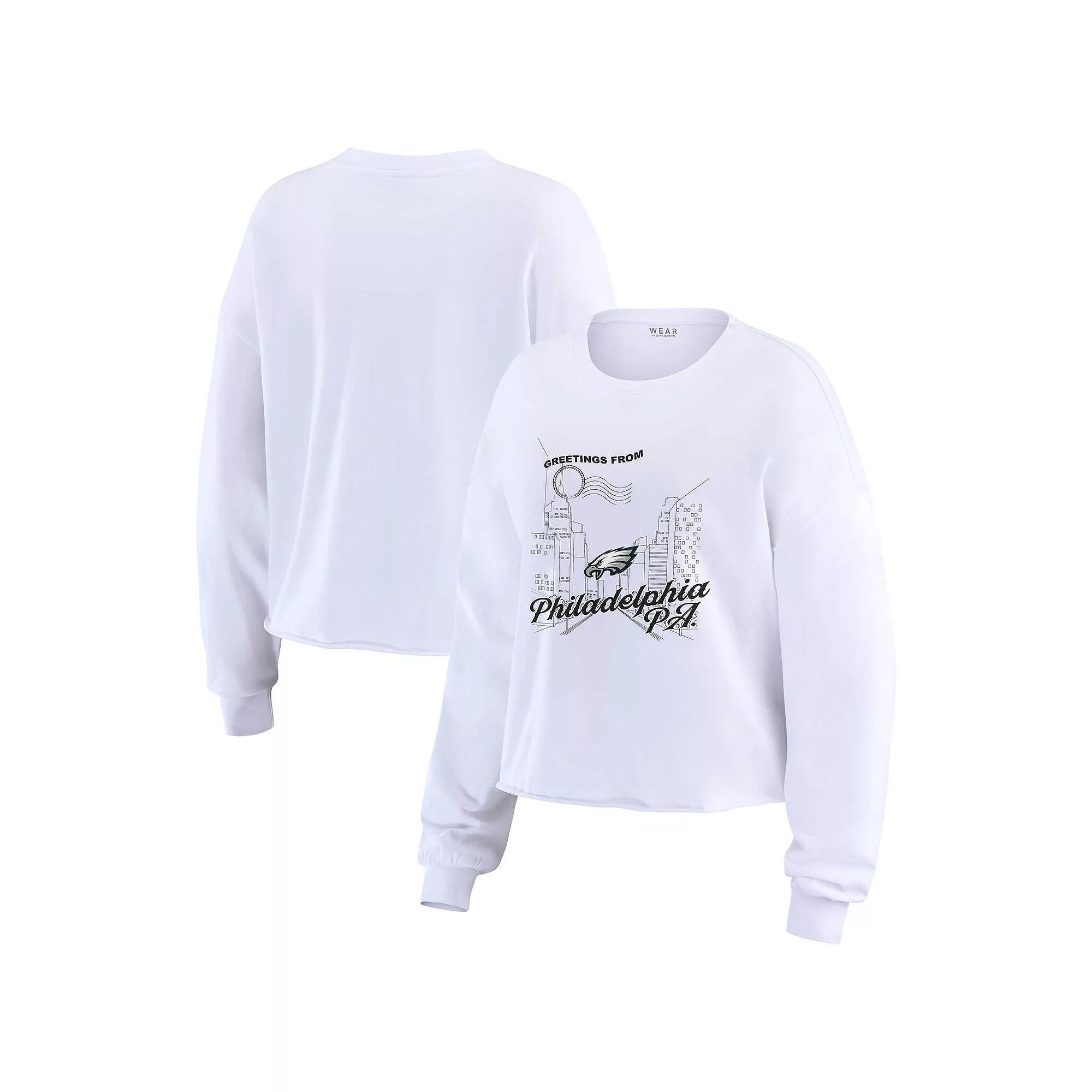 Women's WEAR by Erin Andrews White Philadelphia Eagles Postcard Cropped Long Sleeve Top,  Product Image