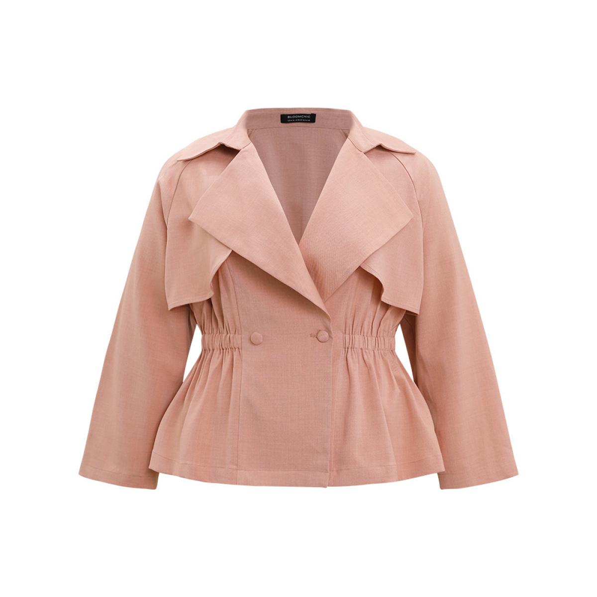 Plus Size Solid Button Up Elastic Waist Lapel Collar Coat Women Salmon Dailywear Elastic Waist Plain 10/M Casual Trench Coats BloomChic Product Image