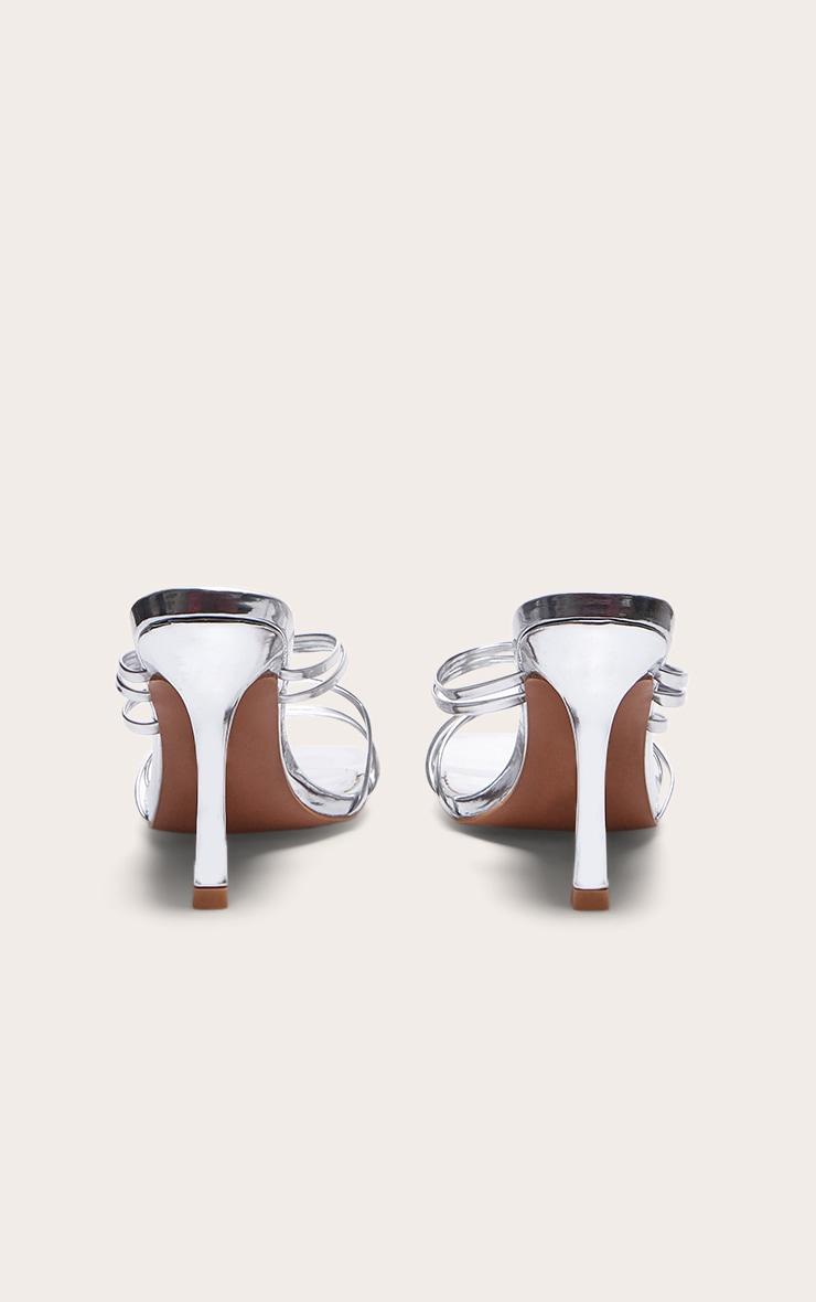Silver PU Square Toe Multi Cross Strap Detail Mid Heeled Mules Product Image