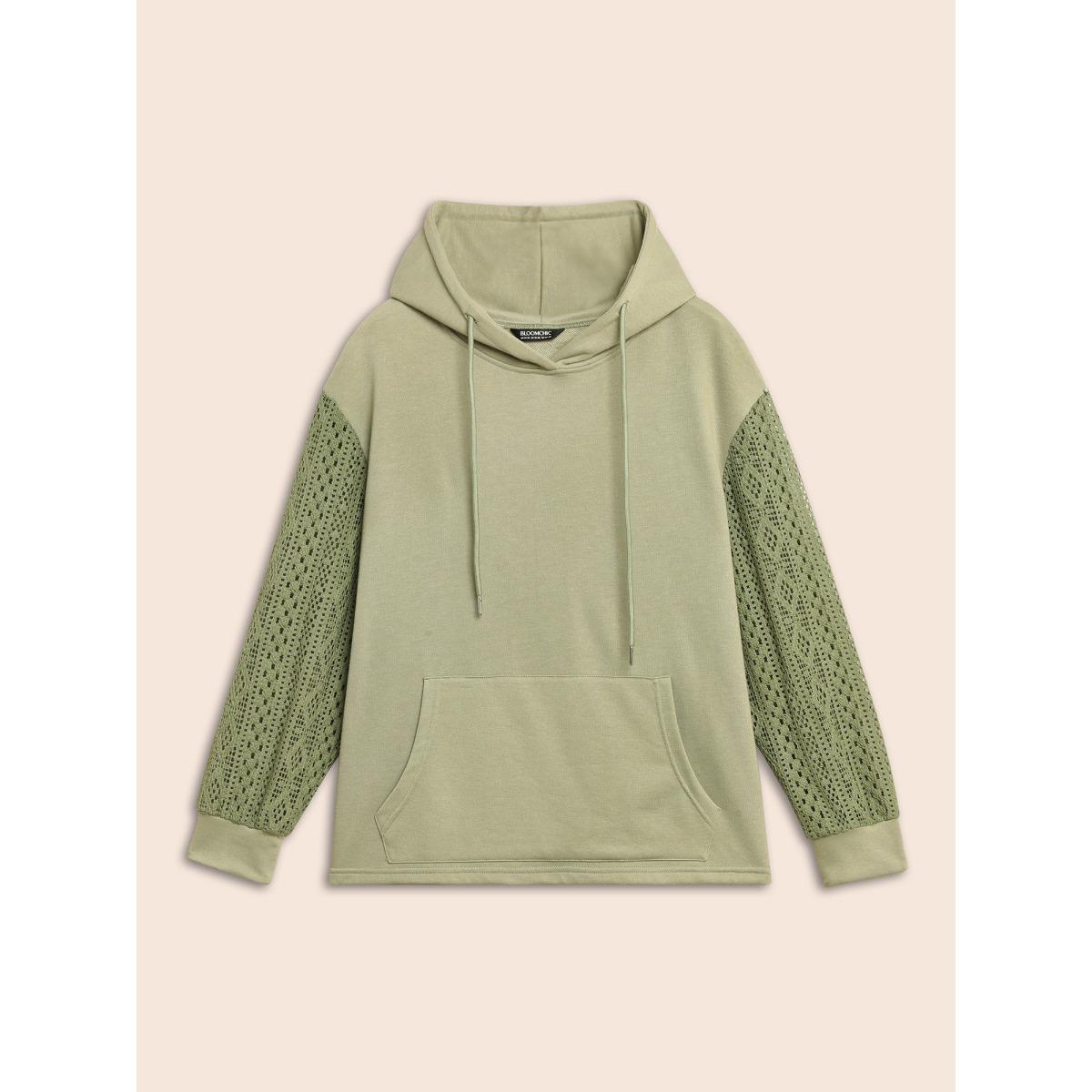 Plus Size Lace Patchwork Hooded Drawstring Sweatshirt Women Sage Casual Patchwork Hooded Everyday Sweatshirts BloomChic 28/5X Product Image