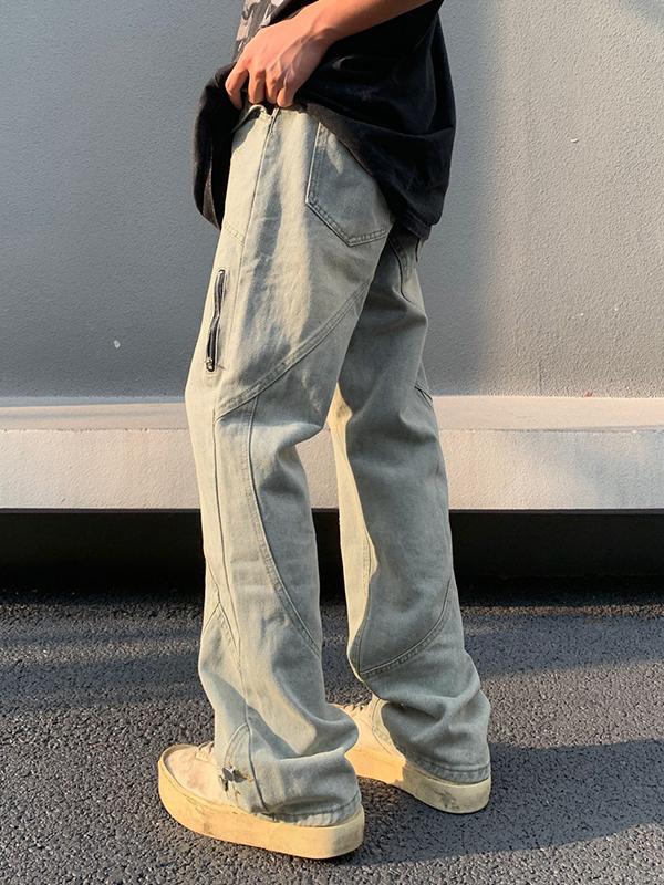 Men's Distressed Splice Zip Up Loose Jeans Product Image