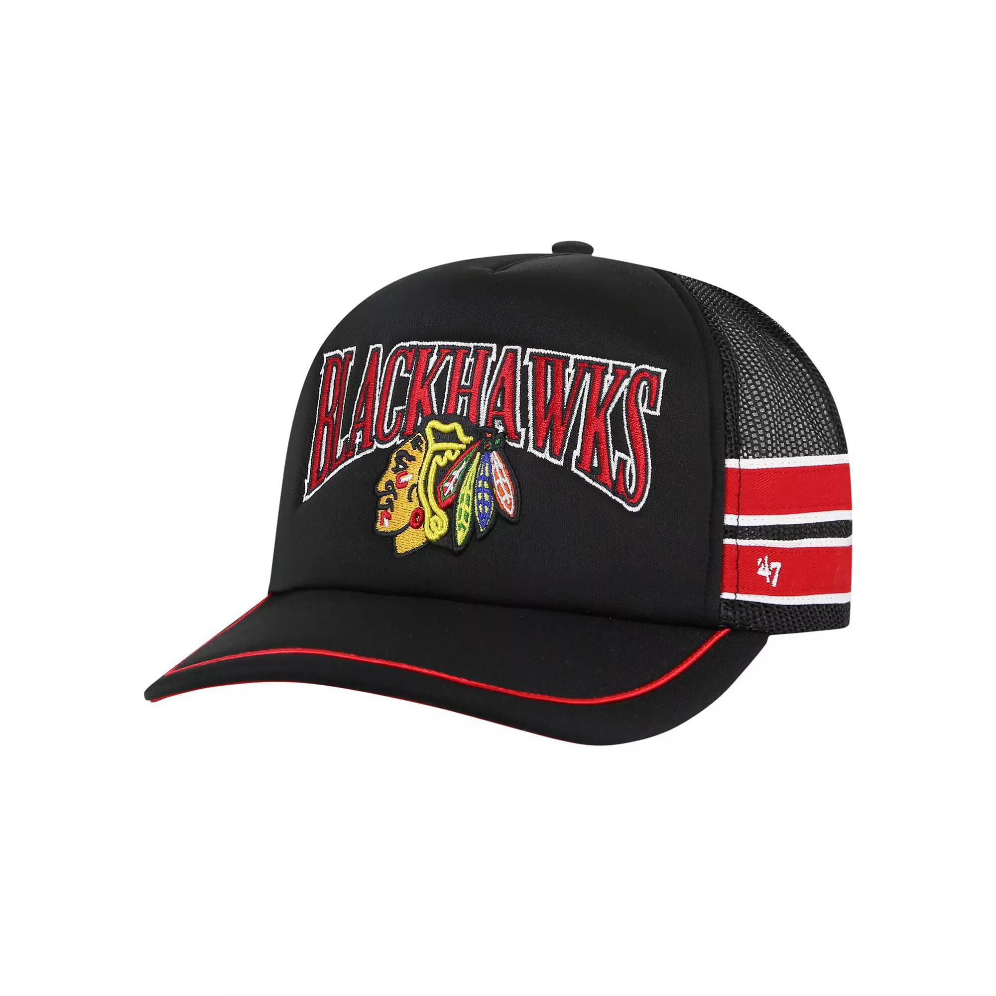 Men's '47 Black Chicago Blackhawks Sideband Stripes Trucker Snapback Hat Product Image