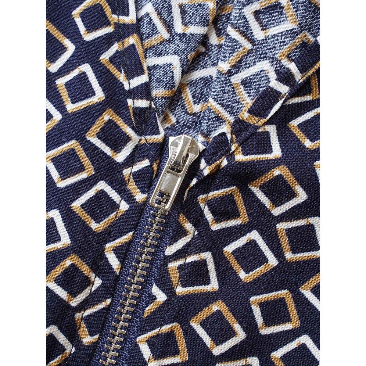 Plus Size Geometric Half Zip Drawstring Arc Hem Dress Indigo Women At the Office Drawstring Flat collar with V-notch Sleeveless Curvy BloomChic 14-16/1X Product Image