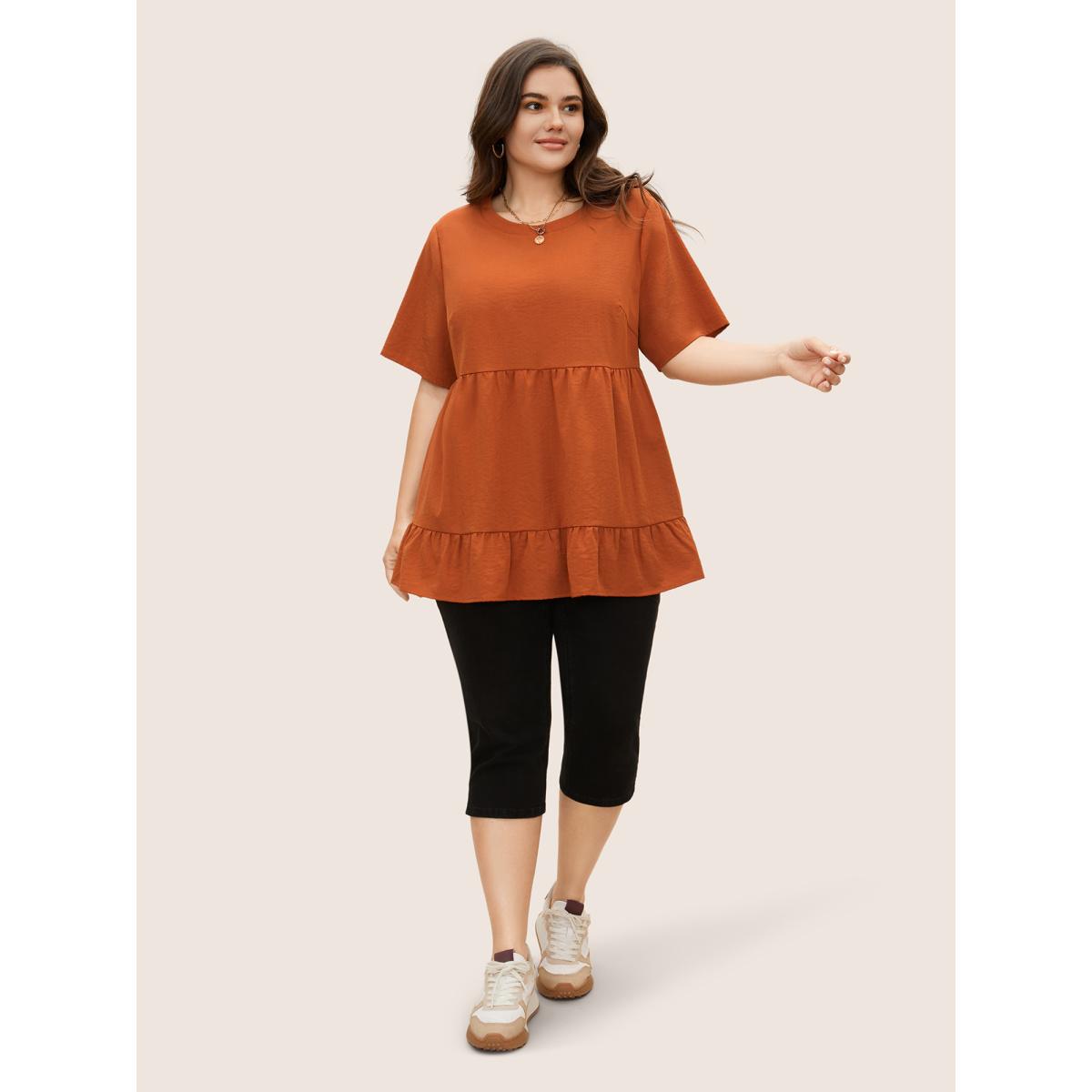 Plus Size Rust Solid Crew Neck Ruffle Hem Blouse Women Casual Short sleeve Round Neck Everyday Blouses BloomChic 12/L Product Image