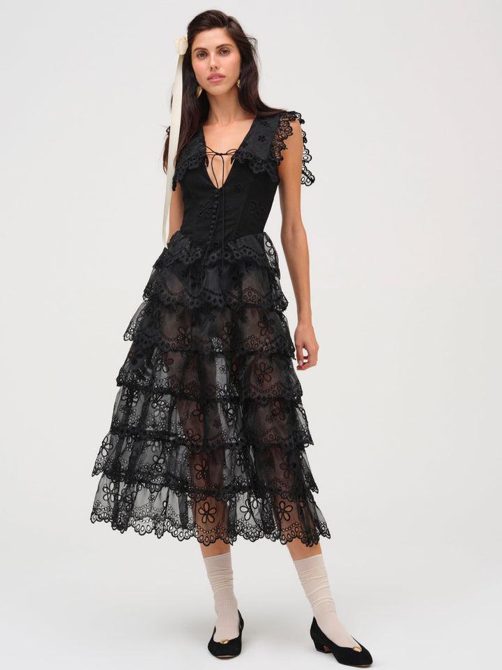 Daisy Eyelet Midi Dress — Black Product Image