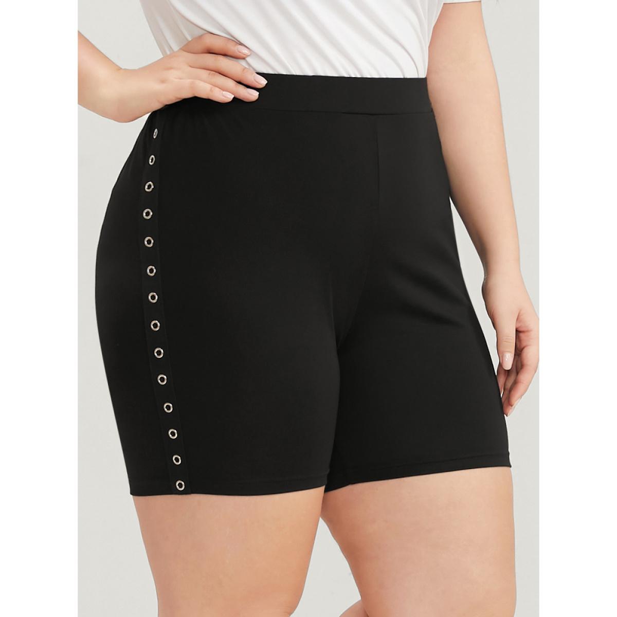 Plus Size Plain Studded Detail Elastic Waist Shorts Women Black Casual Low stretch Skinny High Rise Dailywear Leggings BloomChic 10/M Product Image