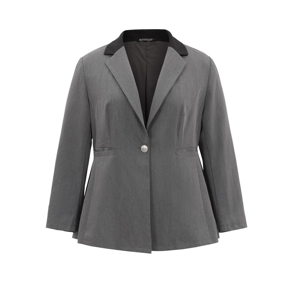 Plus Size Twill Contrast Lapel Collar Button Detail Blazer DimGray Women Dailywear Plain Lined Sleeve Long Sleeve Lapel Collar 14-16/1X Pocket Elegant Blazers BloomChic Product Image