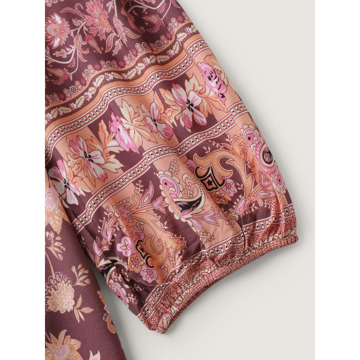 Plus Size Browncoffeecolor Floral Mixed Print Puffy Sleeve Blouse Women Boho Long Sleeve Round Neck Vacation Blouses BloomChic 28/5X Product Image