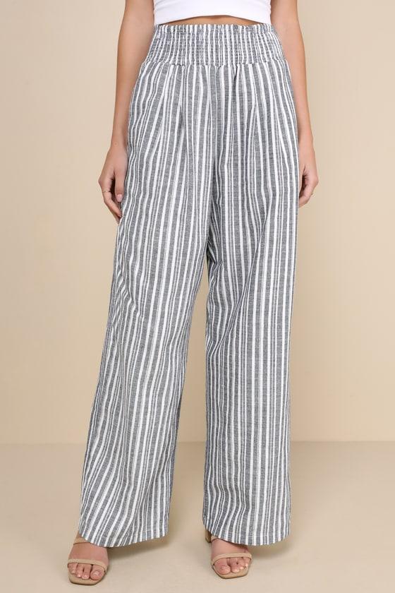Breezy Getaway Blue and White Striped Linen Wide-Leg Pants Product Image