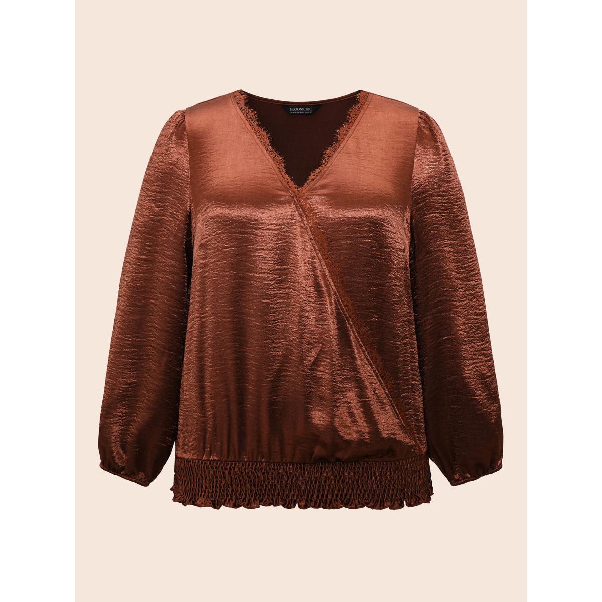 Plus Size Browncoffeecolor Overlap Collar Shirred Lace Trim Blouse Women Cocktail Long Sleeve Overlap Collar Party Blouses BloomChic 28/5X Product Image