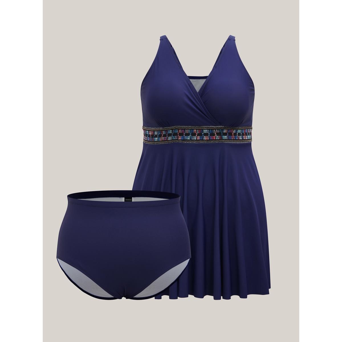 Plus Size Surplice Neck Webbed Swim Dress Women's Swimwear Indigo Beach Bodycon Overlap Collar High stretch Curve Swim Dresses BloomChic 22-24/3X Product Image