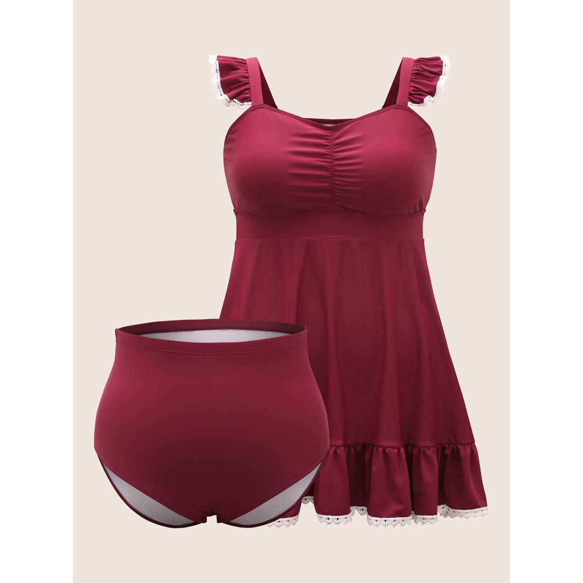 Plus Size Heart Neckline Gathered Patchwork Lace Trim Swim Dress Women's Swimwear Deepred Beach Bodycon Heart neckline High stretch Curve Swim Dresses BloomChic 22-24/3X Product Image