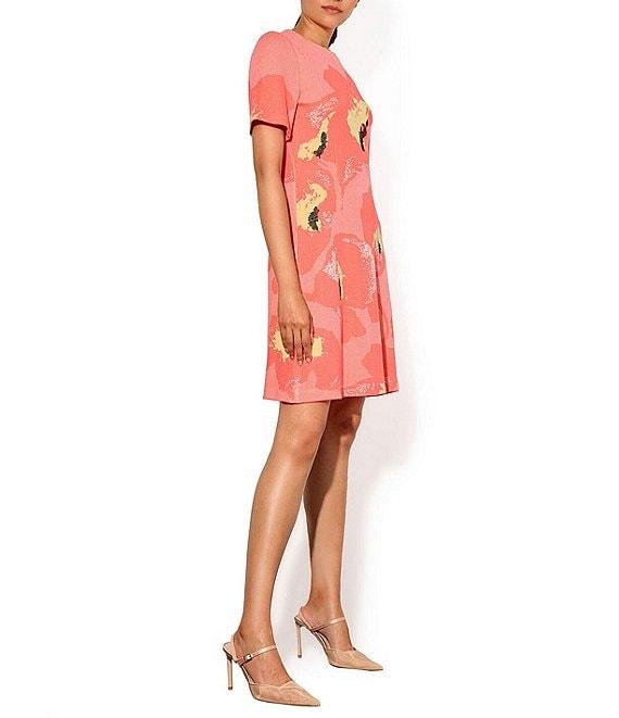 Ming Wang Jacquard Embroidered Floral Crew Neck Short Sleeve Dress Product Image
