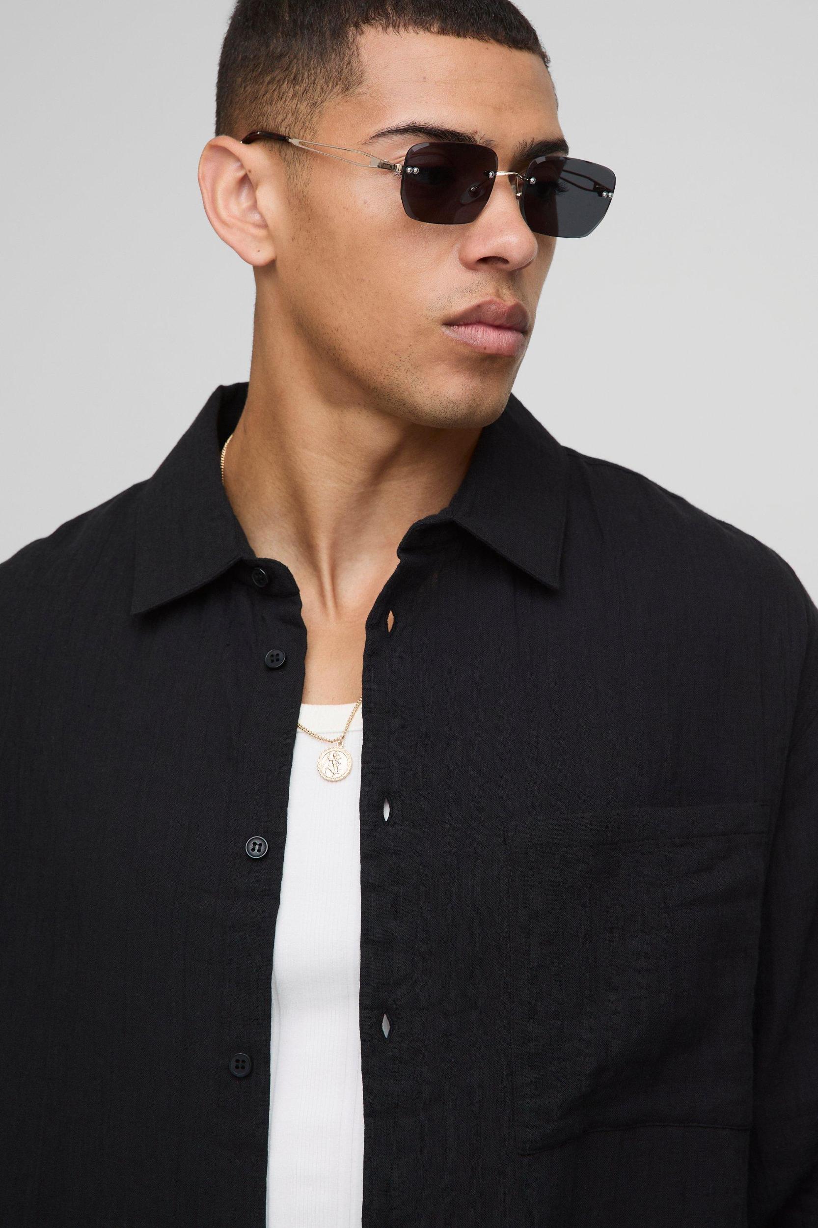 Oversized Collared Cheesecloth Long Sleeve Shirt | boohooMAN USA Product Image