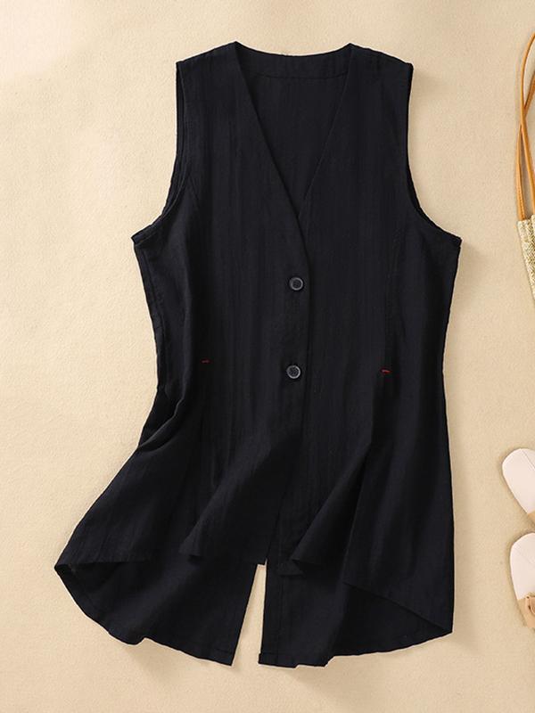 Loose Sleeveless Buttoned Solid Color V-Neck Vest Top Product Image