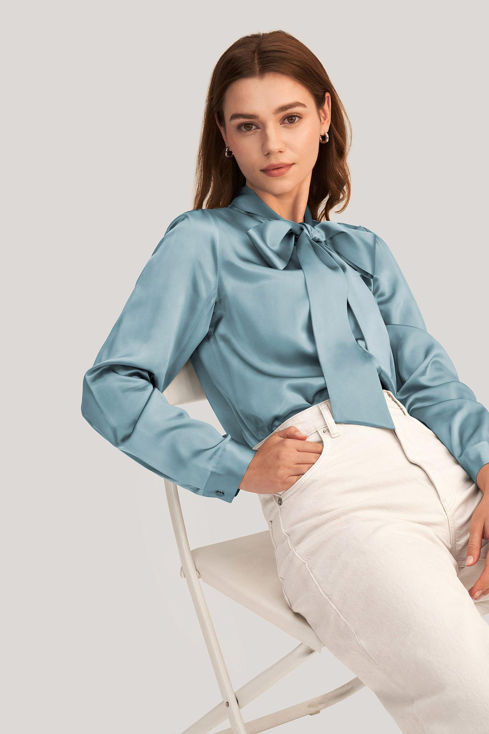 Women Bow-tie Neck Silk Blouse Product Image