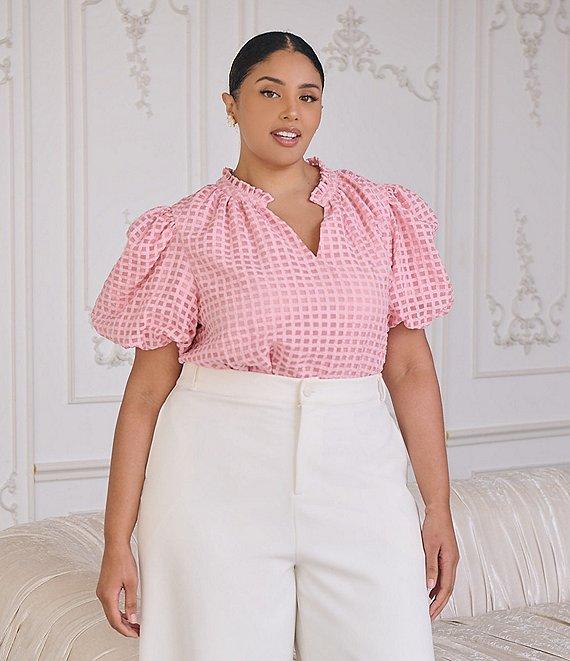 Sugarlips Plus Size Gingham Organza Split V-Neck Short Puff Sleeves Blouse Product Image