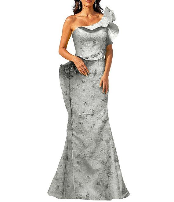 Terani Couture One Shoulder Jacquard Ruffle Long Gown Product Image