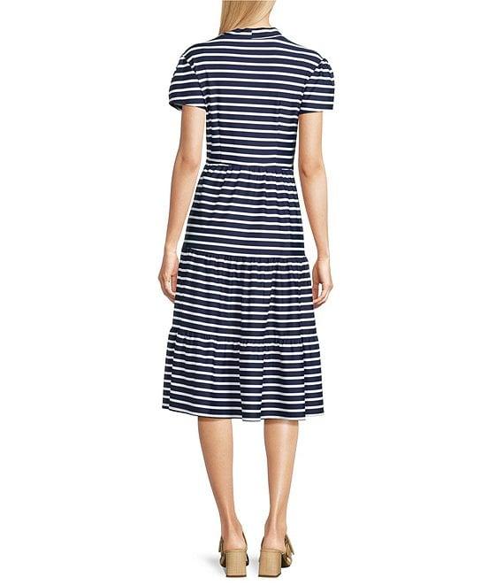 Jude Connally Libby Everyday Stripe Print Jude Cloth Stretch Knit V-Neck Short Puff Sleeve A-Line Tiered Midi Dress Product Image