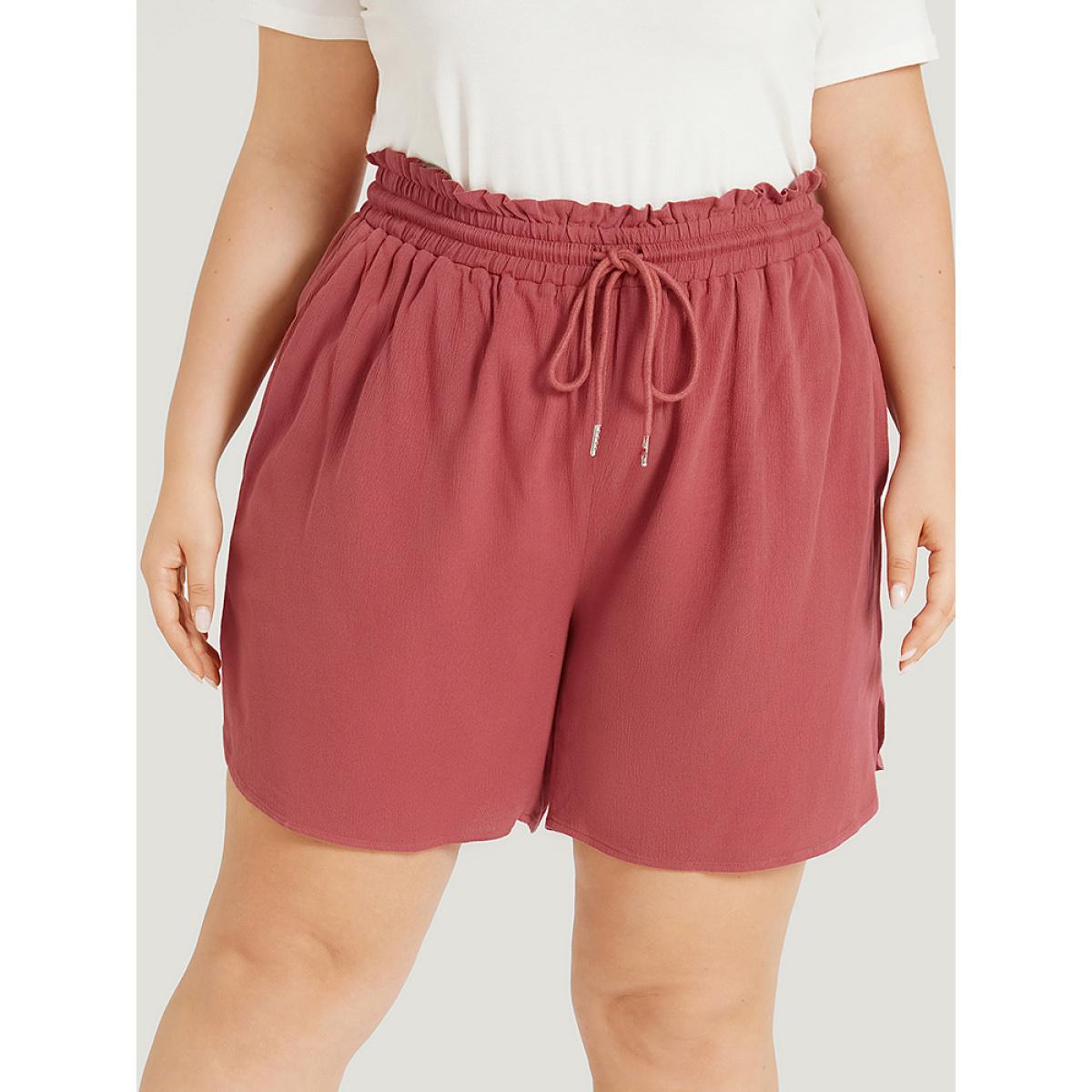 Plus Size Plain Textured Pocket Paperbag Waist Drawstring Split Side Shorts Women Russet Elegant Plain Dailywear Shorts BloomChic 22-24/3X Product Image