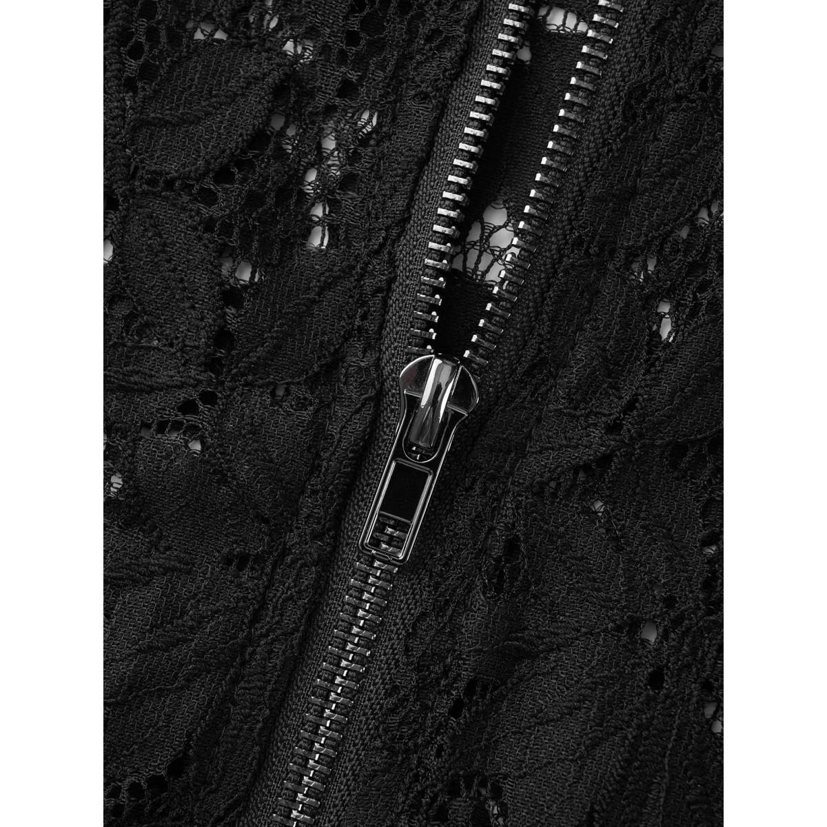 Plus Size Lace Panel Zipper See Through Jacket Women Black See through Everyday Jackets BloomChic 14-16/1X Product Image