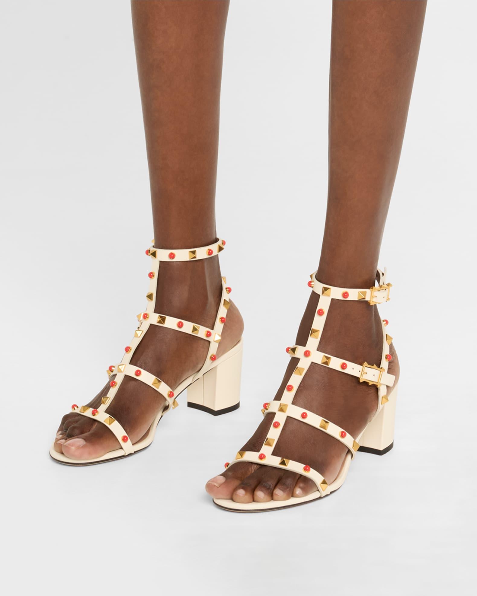 Rockstud Caged Ankle-Strap Leather Sandals Product Image